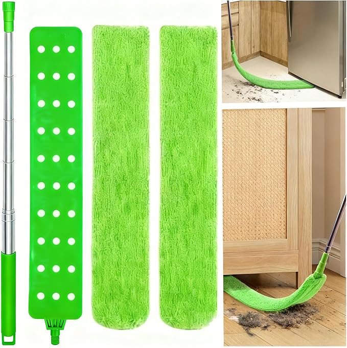 Retractable Gap Dust Cleaner Under Appliance Cleaning Tool, GMLRKY Flat Duster for Under Refrigerator Fridge Stove Couch Bed, Skinny Thin Duster for Tight Spaces (Green)