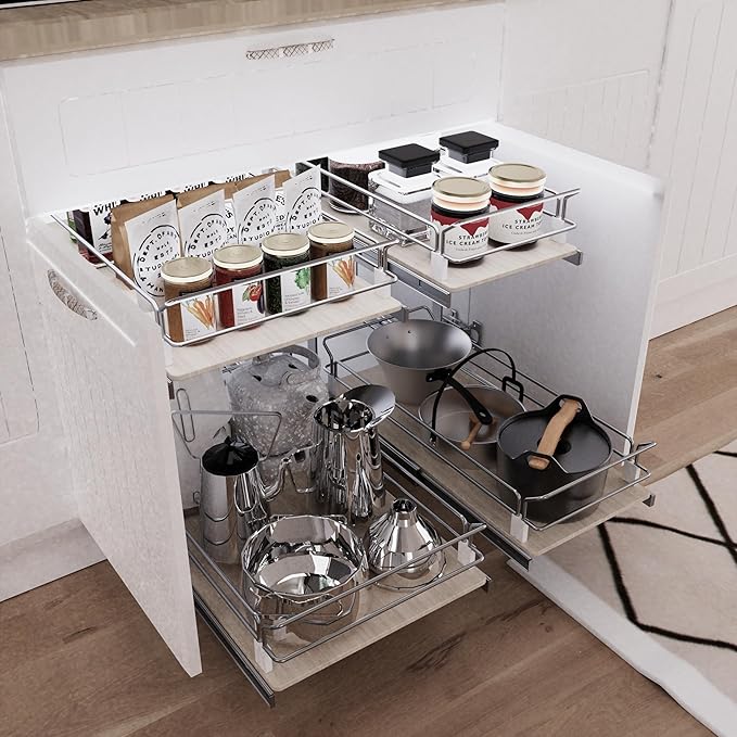 2 Tier Pull Out Cabinet Organizer 15" W X 22" D, Slide Out Drawers For Kitchen Cabinets, Pull Out Drawers For Cabinets Capacity Heavy Duty Caddy, Cabinet Pullout Shelves Wood Chrome, Pantry Storage