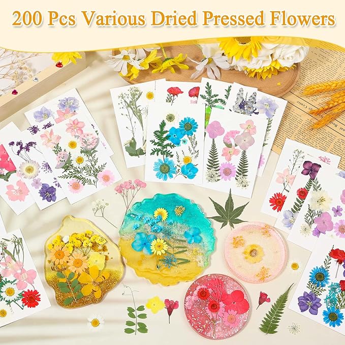 200 Pcs Dried Pressed Flowers for Crafts, 20 Sheets Real Dry Florals and Leaves Bulk with Tweezer for Resin Molds Candle Soap Making Scrapbook Bookmarks Frames Supplies Kit Nail Art Makeup Decor