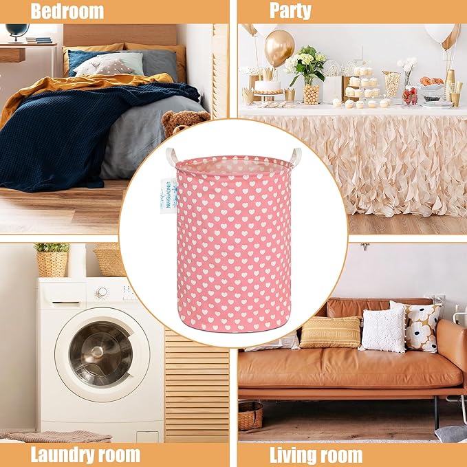 LANGYASHAN Laundry Basket Canvas Fabric Collapsible Organizer Basket for Storage Bin Toy Bins Gift Baskets Bedroom Clothes Children Nursery Hamper (pink heart)