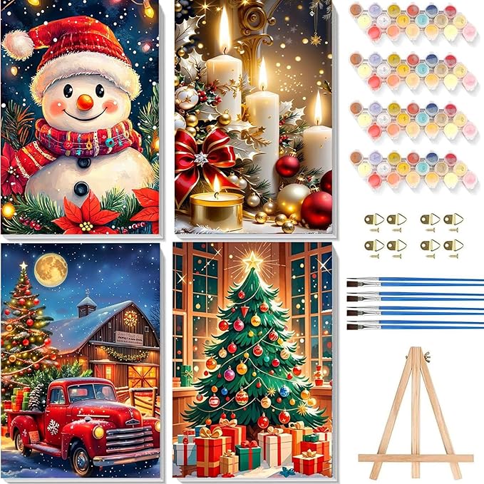 4 Pack Christams Paint by Numbers Kit for Adults with Frame and Wooden Easel, Christams Paint by Number Kit, Acrylic Painting Crafts for Home Decor Gift (7.8x11.8inch Snowman Candle Truck Tree)