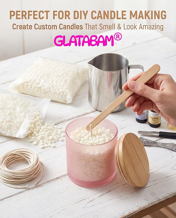 GLATABAM 4 OZ Candle Jars 12 Pack - Bulk Glass Candle Making Jars with Bamboo Lids & Labels, Heat Resistant Empty Reusable Candle Vessel for Containers(Frosted Powder)