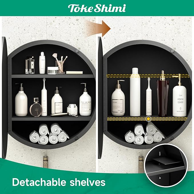 TokeShimi 20 x 20 Round Medicine Cabinet with Mirror, Black Circle Medicine Cabinet for Bathroom with Metal Frame, Detachable Shelves, Shatterproof, Surface Mount Only