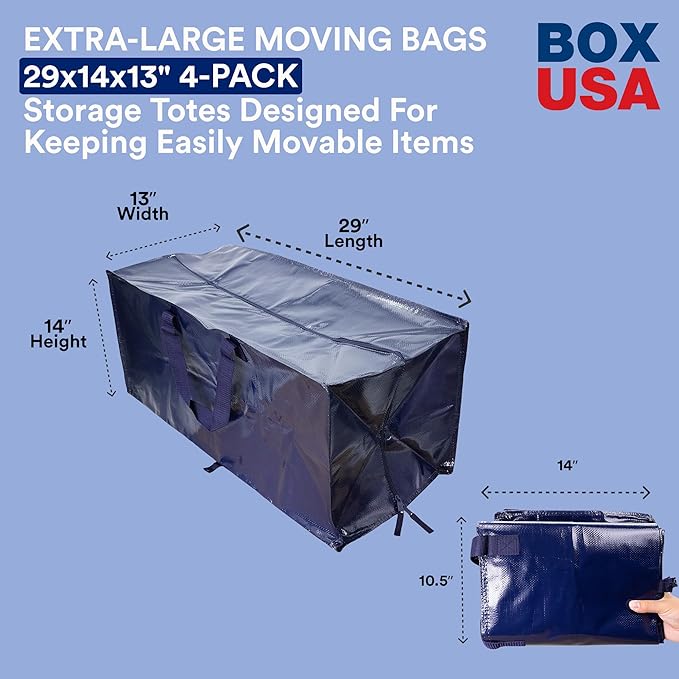 BOX USA 4-Pack Moving Bags with Strong Handles & Zippers - Heavy Duty Extra Large Packing Bags for Storage, Moving Boxes, Dorm & College Supplies, Blue