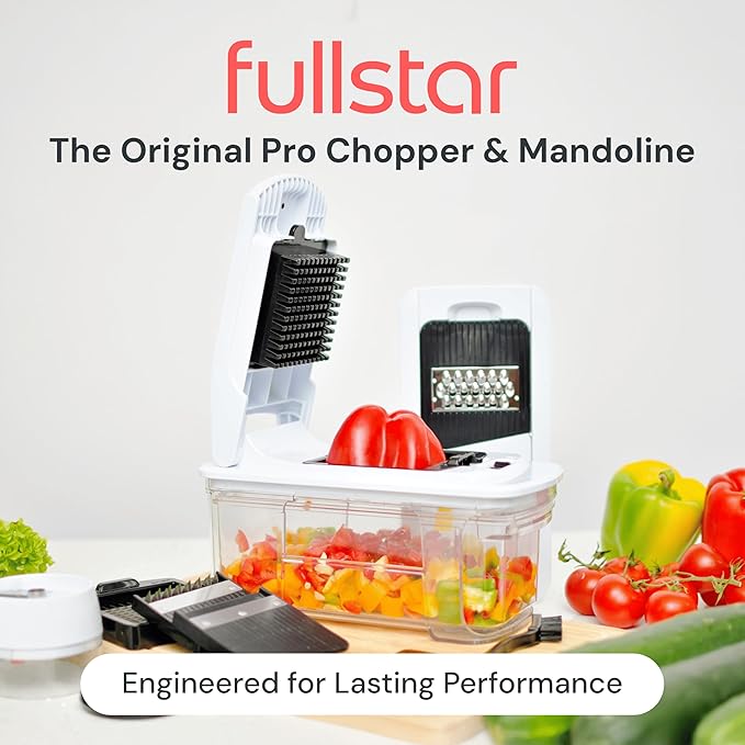 Fullstar All-in-1 Vegetable Chopper and Mandoline Slicer for Kitchen - Cheese Grater, French Fry Cutter, Cheese Slicer - Bonus Handheld Spiralizer Included (6 in 1, Stainless Steel)