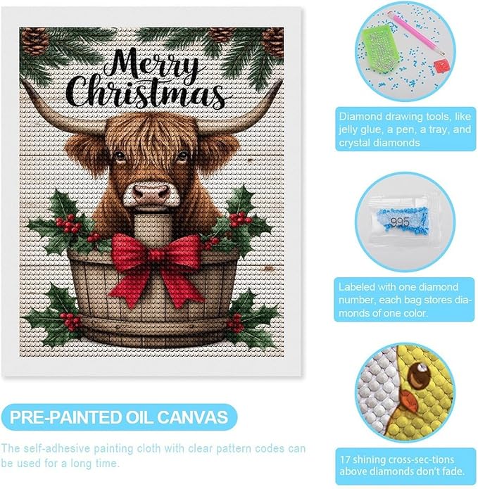 AIVKIEJK Diamond Painting Kits for Adults - Highland Cow Merry Christmas Painting DIY 5D Full Drill Diamond Dots Paintings with Diamonds Gem Art and Crafts Home Decor 16"x20"
