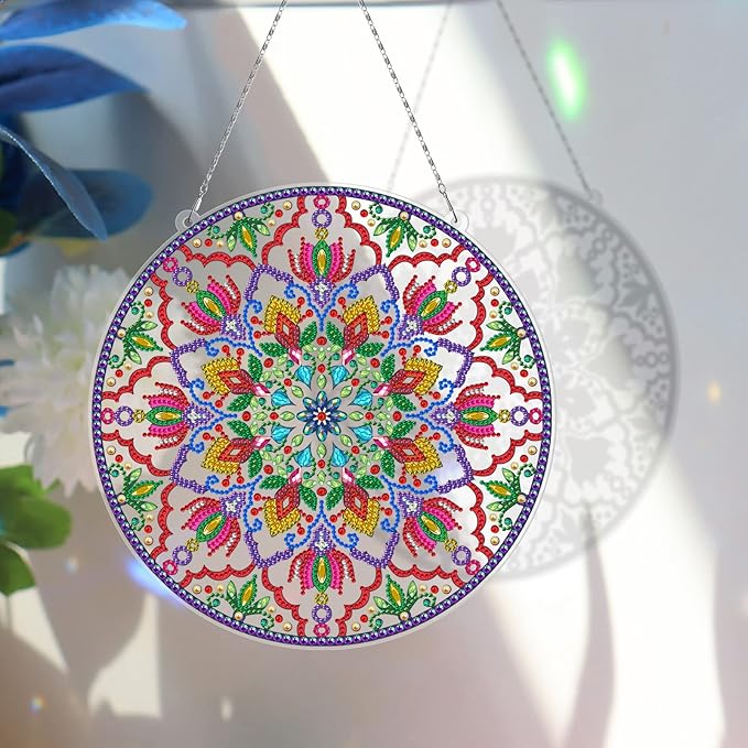 5D Diamond Art Painting Mandala Hanging Signs with LED Light String DIY Mandala Diamond Dots Hanging Ornament Special Shaped Rhinestones Paint by Number Embroidery Kits for Home Wall Front Door Decor