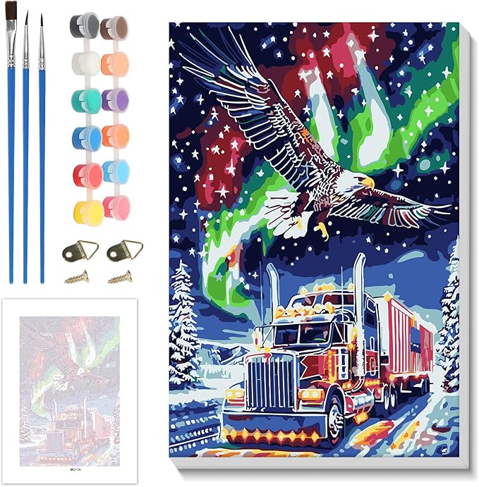 Skyboda Eagle Paint by Numbers Kit for Adults Beginners with Frame, Christmas Truck Adult Paint by Number Kits on Canvas, Easy DIY Oil Painting Kits for Home Decor, 8x12in