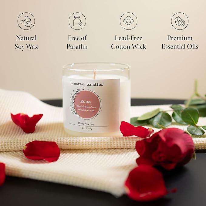 Rose Scented Candle – 100% Natural Soy Wax, Cotton Wick, Odor Eliminating, Soothing Floral Aroma, 12oz, 60 Hour Burn, White – Ideal for Home Decor, Spa, Bath, Parties & Gifts for Men and Women