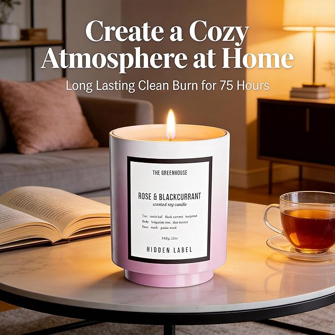 Hidden Label Rose Blackcurrant Soy Candles, 12oz Natural Soy Wax, 75 Hours Long Lasting Clean Burn, Scented Candles Gifts for Women, Valentine's Day, Stress Relief, Meditation, Relaxation