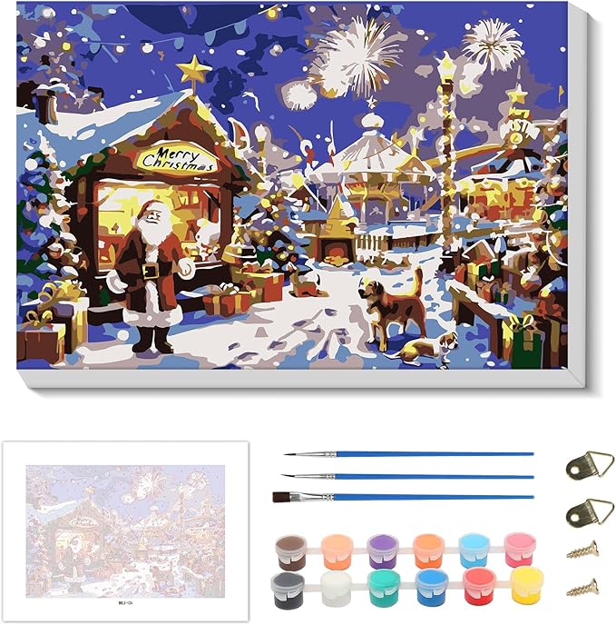 Skyboda Christmas Paint by Numbers Kit for Adults Beginners with Frame, Christmas Eve Landscape Adult Paint by Number Kits on Canvas, Easy DIY Oil Painting Kits for Home Decor, 8x12in