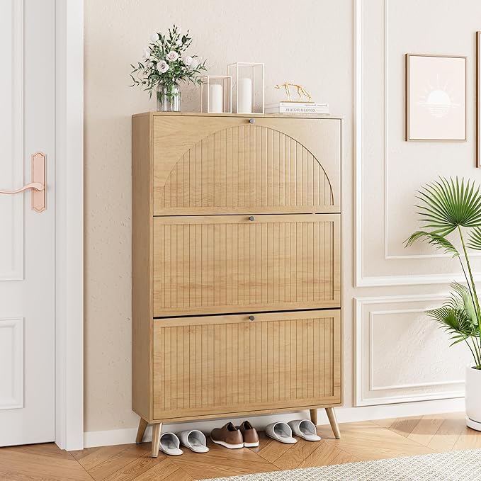 Fsbecl Shoe Storage Cabinet for Entryway with 3 Flip Drawers, Narrow Shoe Organizer with Fluted Panel, Freestanding Wood Hidden Shoe Cabinet for Hallway(Wood Color, 31.4''W, Double Layer)