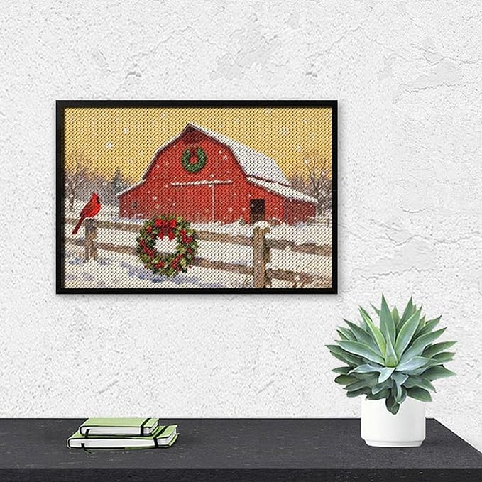 AIVKIEJK Diamond Painting Kits for Adults - Christmas Winter Cardinal, Red Barn Scene Painting DIY 5D Full Drill Diamond Dots Paintings with Diamonds Gem Art and Crafts Home Decor 8"x12"