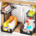 Under Sink Organizer, L-Shape 2 Tier Pull Out Cabinet Organizer with Adjustable Height, Metal Sliding Storage Rack for Kitchen Bathroom Pantry, Black, 2 Pack