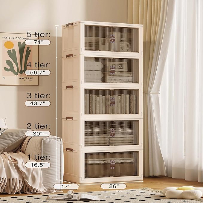 SAILUN 145Gal/580Qt Stackable Storage Bins Folding Collapsible Storage Bins with a Lid, Closet Organizers and Storage,Blush White 26" W x 17" D x 71" H