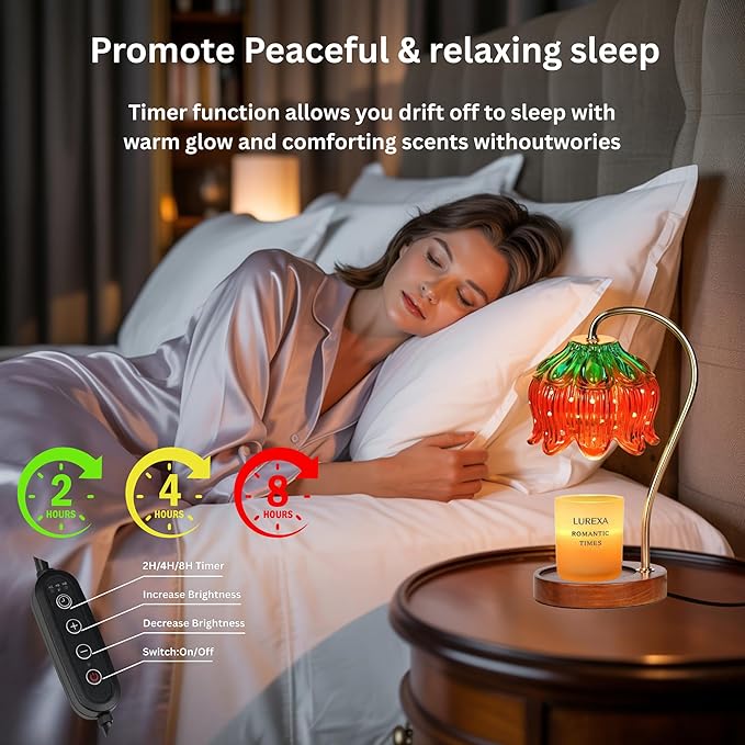 Candle Warmer Lamp with Timer, Dimmable Wax Melt Lamp for Large & Standard Jar Candles, Includes 2 GU10 Bulbs, Elegant Vintage Home Decor Gift for Women & Mom (A1-Strawberry Lotus)