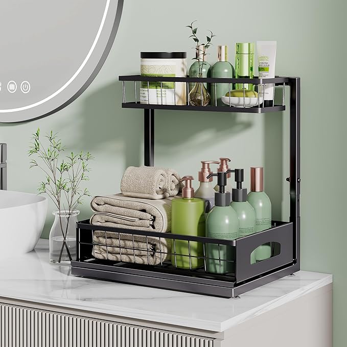 Under Sink Organizer, Cabinet Organizer for Kitchen, Height Adjustable Pull Out Heavy Duty 2 Tier Metal Under Sink Storage for Bathroom Pantry (Black, 1 Pack)