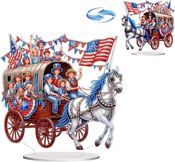 ARTopet DIY Diamond Desktop Ornament US Independence Day Special Shaped Crystal Double Sided Pattern Single Sided Diamond Art Painting Tabletop Home Ornaments Decor-Horse Carriage
