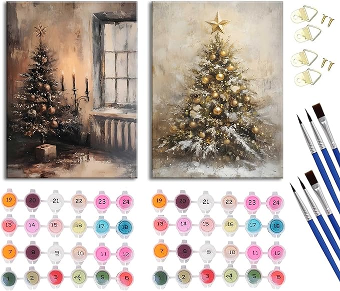Paint by Number Kit with Inner Frame, 2 Pack 16x20 Inch Christmas Scenes - Vintage Tree & Golden Snowy Tree, DIY Acrylic Painting Sets for Adults Kids Gift