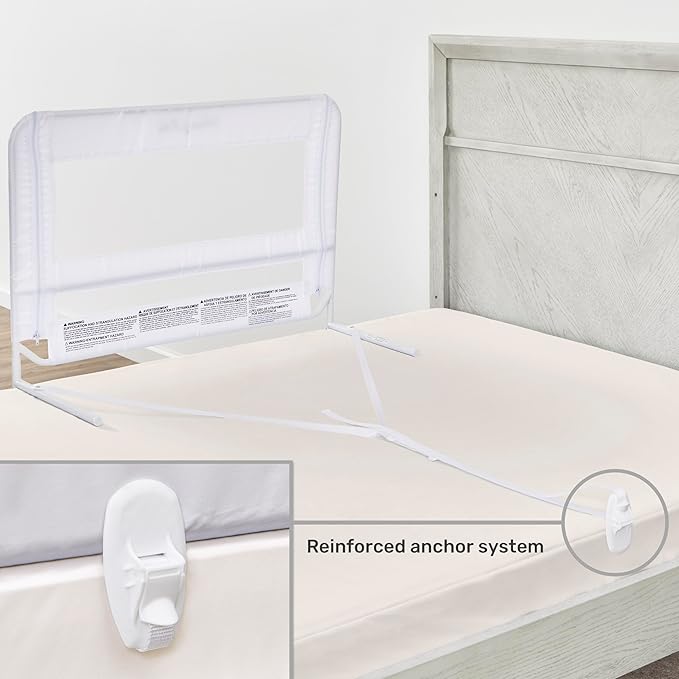 Dream On Me Lightweight Mesh Security Adjustable Bed Rail for Toddler, Breathable Mesh Fabric, Suitable for All Types Of Beds, Reinforced Anchor System Bed Guard Rail, White