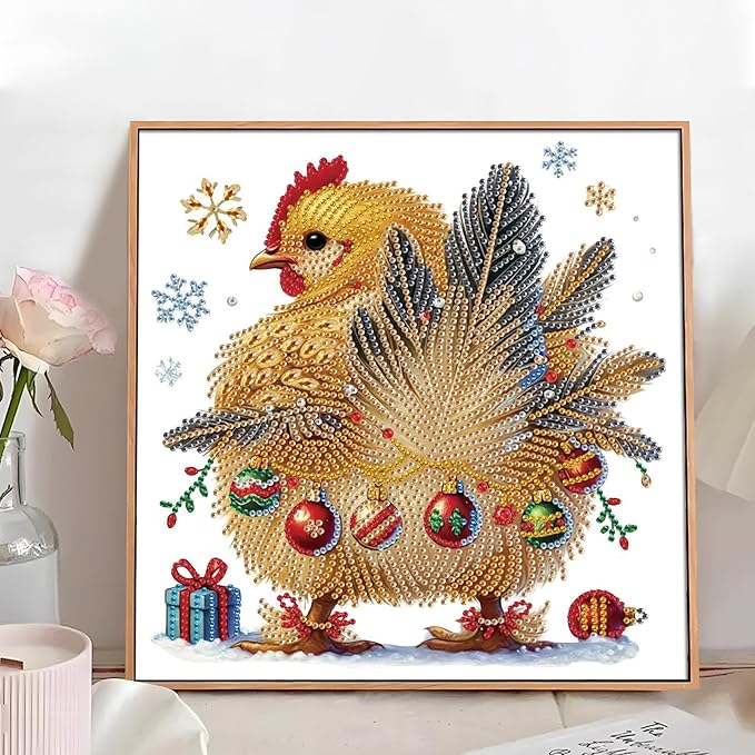 antor Christmas Diamond Painting Kit, 5D Special Shape Diamond Art for Adults, Decorated Rooster in Snow Crystal Rhinestones Diamond Painting Canvas, Holiday Christmas Home Wall Decor Crafts Gift