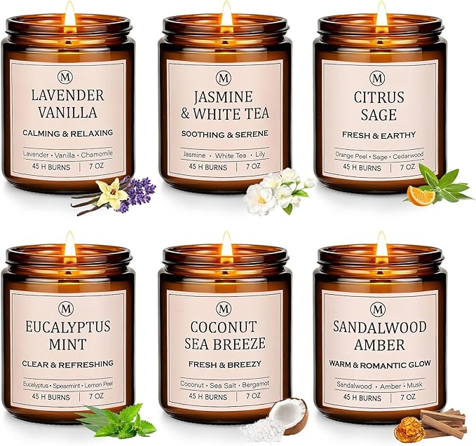 6-Pack Scented Soy Candle Set – Lavender Vanilla, Eucalyptus, Sandalwood, Jasmine & White Tea, Coconut, Sage | Natural Soy Wax Spring Summer Aromatherapy Candles for Home, Vacation, Relaxation & Spa