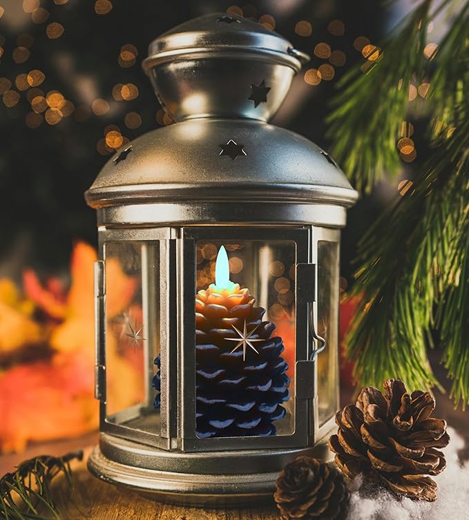 2pcs Flameless Pinecone Candles with Remote, Battery Operated Pine Cone Candles Real Wax Winter Decor, Flickering LED Christmas Decoration, D3.5 x H5 Inch, Brown & Gold Trim