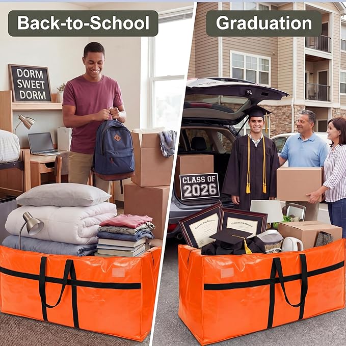 Windyun 4 Pack 177 Gallon Extra Large Moving Bags XXL Heavy Duty Storage Bag with Strong Zipper Handle Jumbo Big Tote Box Foldable for College Dorm Travel Clothes Duffle Blanket Pillow(Orange)