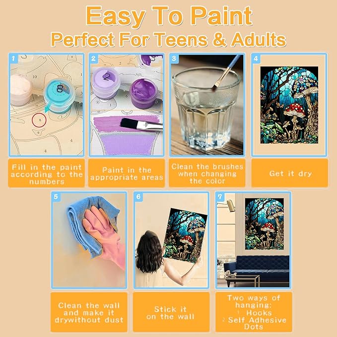 Mushroom Paint by Numbers Kit for Adults Beginners- DIY Acrylic Stained Glass Adult Paint by Number Kits on Canvas, Oil Painting by Numbers Kit for Home Decor Gifts 12x16 inch Framed and Easel