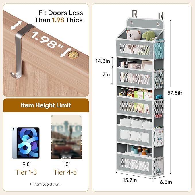 Simple Trending Over The Door Organizer Storage with 5 Large Pockets 5 Side Pockets, Heavy Duty Hanging Organizer for Bedroom, Bathroom, Pantry, Nursery, (Grey)