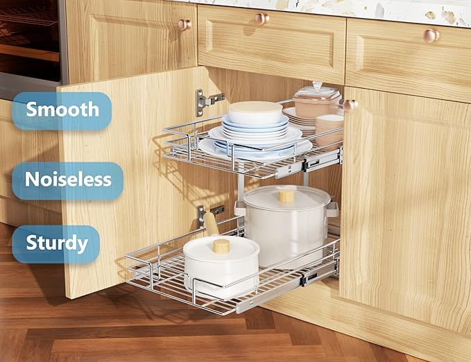 LOVMOR Individual Pull Out Cabinet Organizer, 2 Tier Slide Out Cabinet Drawers, Pots and Pans Organizer and Storage Pantry Shelf for Kitchen (14½" W x 21½" D)