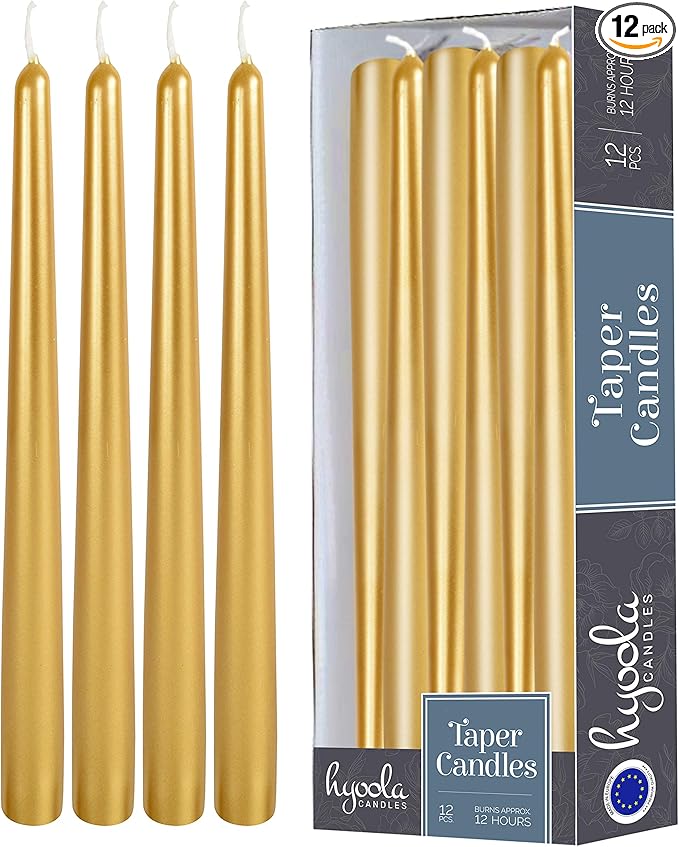 Hyoola Tall Taper Candles - 14 Inch Metallic Gold Dripless, Unscented Dinner Candle - Paraffin Wax with Cotton Wicks - 12 Hour Burn Time (Pack of 12)