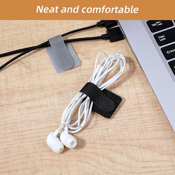 Cord Organizer, 40 PCS Adjustable Cable Management Under Desk, Reusable Hook and Loop Cable Ties, Self Adhesive Wire Organizers for Home Office (Black, Gray)