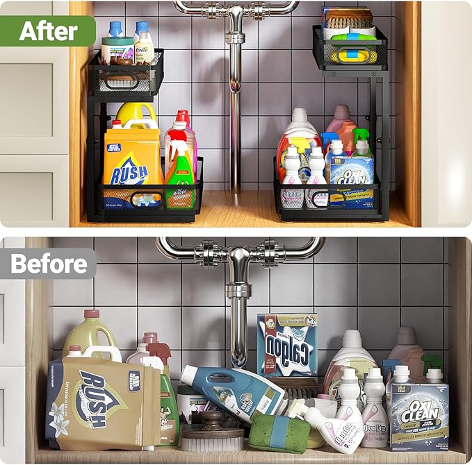 Under Sink Organizer 2-Pack, Metal 2-Tier Pull-Out Cabinet Shelf with Slide-Out Mesh Drawers, Height Adjustable, Space-Saving Under Sink Storage Racks for Kitchen, Bathroom, Laundry Room