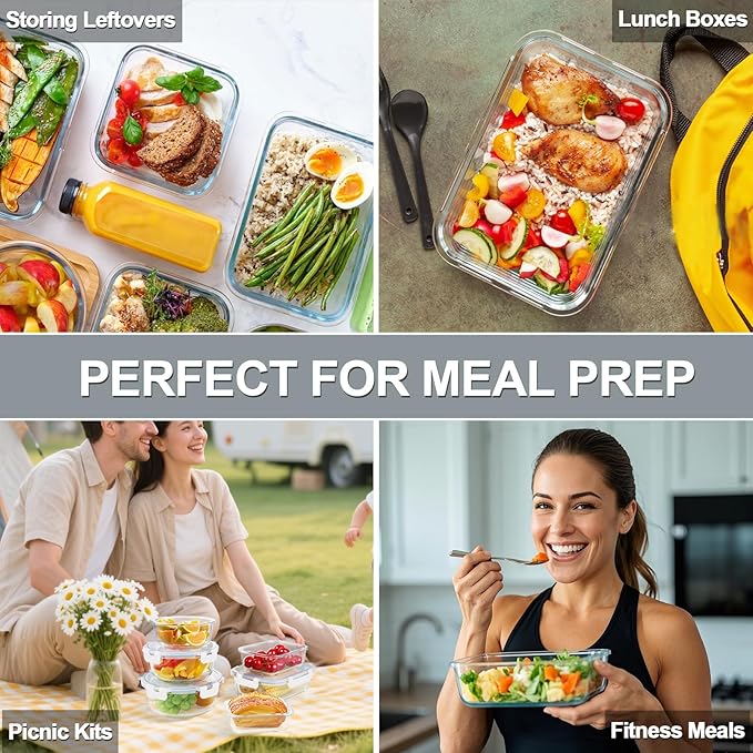 KAMOTA Glass Food Storage Containers, White Glass Meal Prep Containers, Airtight Containers with Snap-Lock Lids, Set of 12, for Microwave/Oven/Freezer/Dishwasher