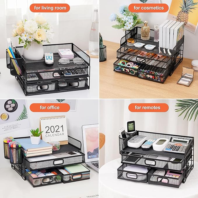 Marbrasse 3 Tier Mesh Desk Organizer with Drawer, Multi-Functional Desk Organizers and Accessories, Paper Letter Organizer with 2 Pen Holder for Home Office Supplies (Black)