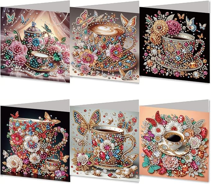 DoxQcs 5D Diamond Art Painting Greeting Cards Kit, DIY Cards for Blessings Congratulations Gifts, Greeting Card Set for Birthday Thanksgiving Day Christmas Halloween-Coffee