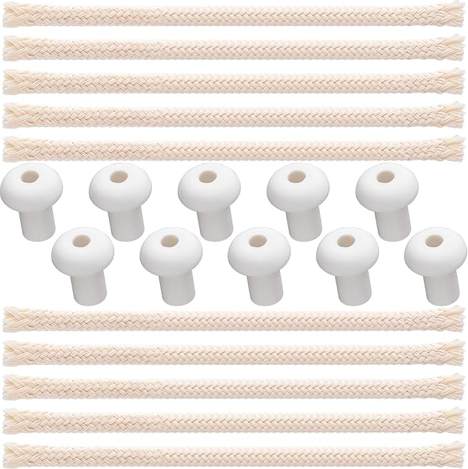 Oil Lamp Wicks, 10 Sets 0.5 Feet 1/4 Inch Round Cotton Wicks for Oil Lamps with Tube Holders, Replacement Parts for Alcohol Oil Candle Lamp Tiki Torch