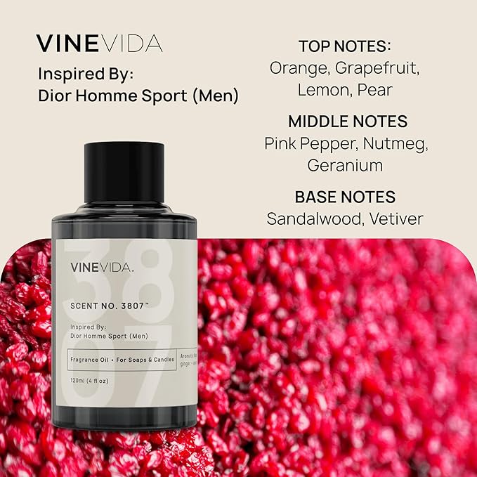 VINEVIDA [4 Oz] Scent No. 3807 Inspired by Homme Sport (Men); Fragrance Oil for Candle Making and Soap Making - Premium Candle Scents for Soy Candles