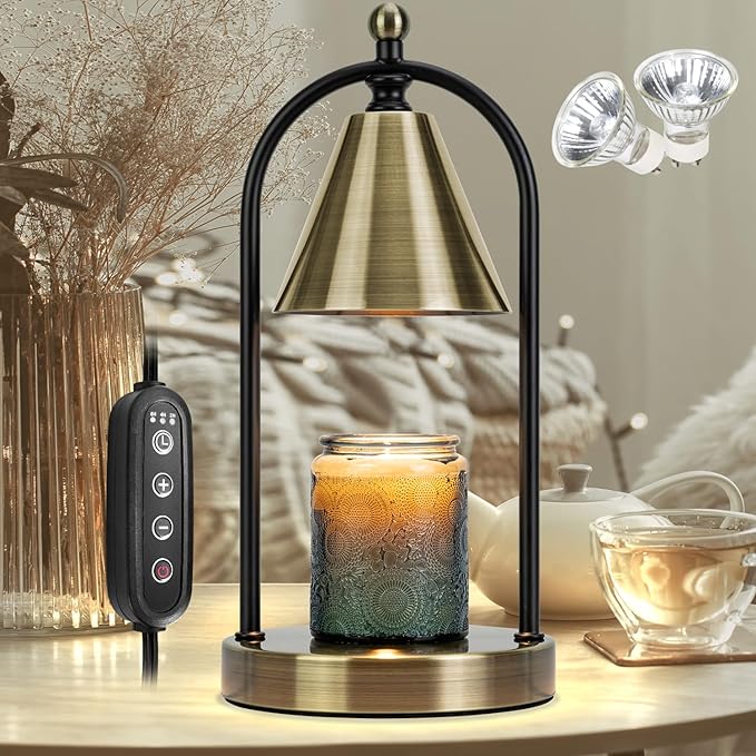 Soilsiu Candle Warmer Lamp with Timer, Electric Brass Light for Dimmable Wax Melts and Candle Jars, Bedroom Lamp Gifts for Women Home Decor (2 Bulbs)