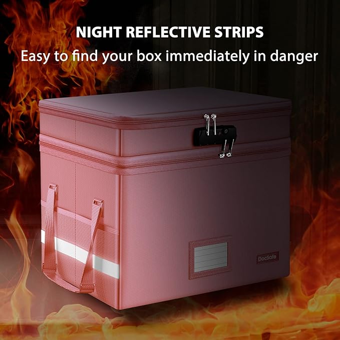 DocSafe File Box with Lock,Multi-Layer Fireproof Document Box Collapsible File Storage Organizer with Pockets/Handle,Large Portable Home Office Filing Safe for Hanging Letter/Legal Size Folders,Pink