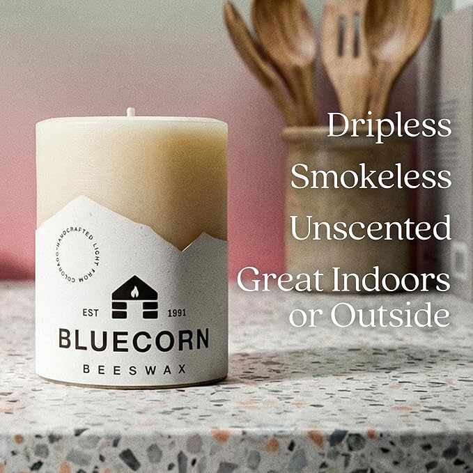 Bluecorn Beeswax 100% Pure Beeswax Pillar Candles | Ivory White 3x4 Pillar Candle Set | Non Toxic, Unscented, Clean Burning | Cotton Wick, Dripless, 60 Hr Long Burning | Handmade in USA | 6 Pack