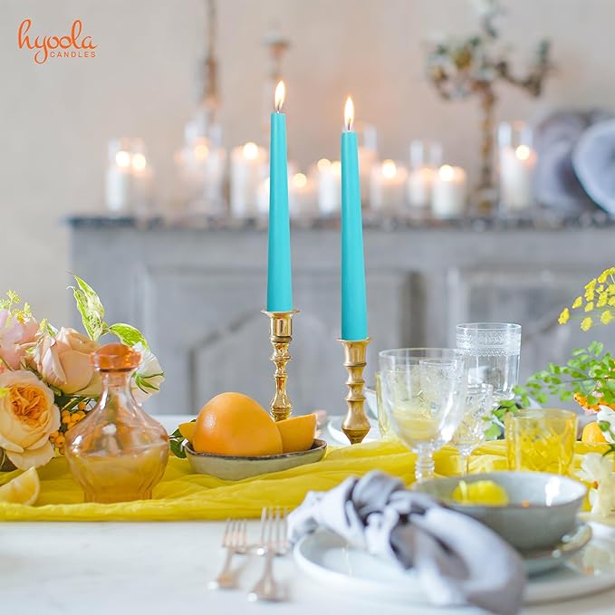 Hyoola Tall Taper Candles - 14 Inch Turquoise Dripless, Unscented Dinner Candle, Paraffin Wax with Cotton Wicks - 12 Hour Burn Time (Pack of 12) - Light Blue