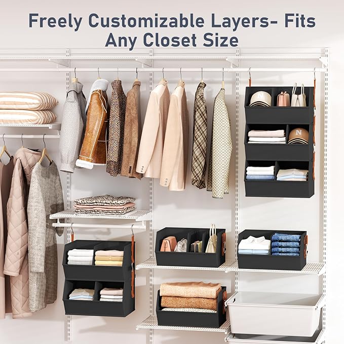 Hanging Closet Organizer Extra Large, Clothes Hanging Shelves for Closet with Divider, Collapsible Closet Storage System, Fabric Storage Bins for Home, Dorm, Rv, Sweaters, Handbags, Underwear, Sock