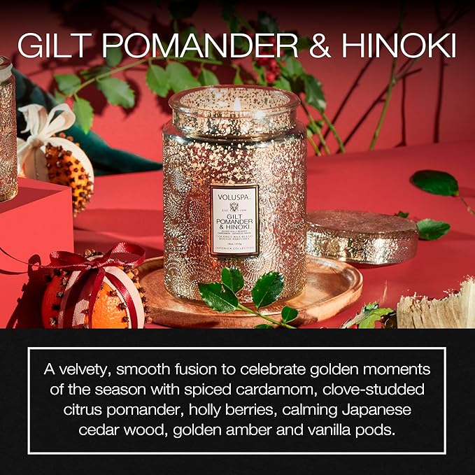 Gilt Pomander Hinoki, Large Candle Jar, 18 oz, 100 Hour Burn Time, Coconut Wax for Clean Burning, Handcrafted in The USA