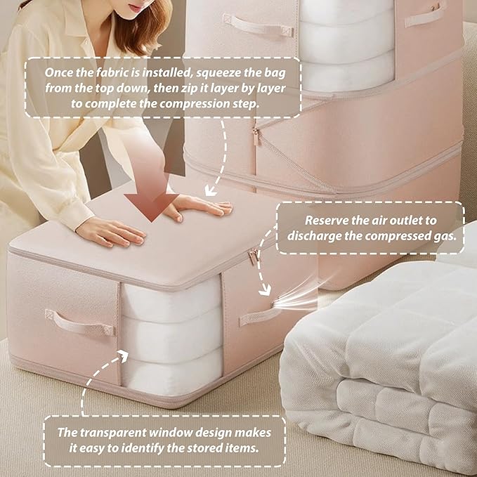 Veki Comforter Storage Bag, Space Saving Self Compression Foldable Blanket Storage Bags, Closet Organizer With Handle and VisualiZation Window, Large Capacity 130L for Bedding, Clothes (Pink, XL)