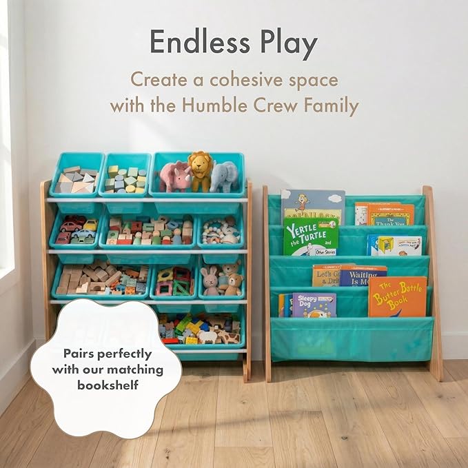 Humble Crew Kids Toy Storage Organizer with 12 Plastic Bins, Natural Wood/Aqua – Removable Bins for Playroom, Bedroom, Toddler Furniture for Boys and Girls Ages