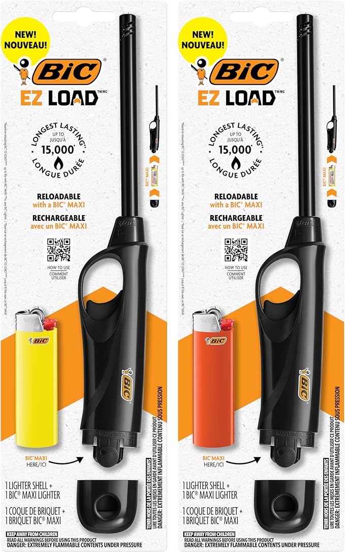 BIC EZ Load Lighters, Long Lasting Reloadable Design, Assorted Colors, Pack with 2 EZ Load Long Lighter Shell and 2 Maxi Pocket Lighters (Colors May Vary)
