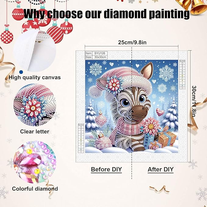 antor Diamond Art Painting Kits for Adults Christmas Zebra, 5D Special Shape Diamond Art Kits for Beginners, Crystal Rhinestones Diamond Art Painting for Home Wall Christmas Decoration Gift 12×12inch