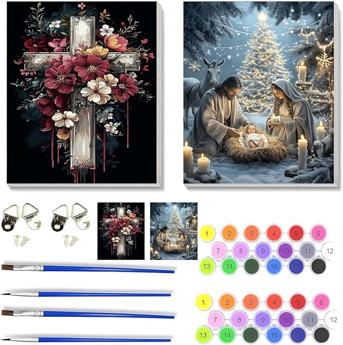 NEGEKFKX 2 Pack Christmas Paint by Numbers Kit for Adults Beginner with Framed,Jesus Easy Adult Paint by Number Kits on Canvas DIY Painting for Beginners Art by Numbers for Home Wall Decor 10x12 Inch